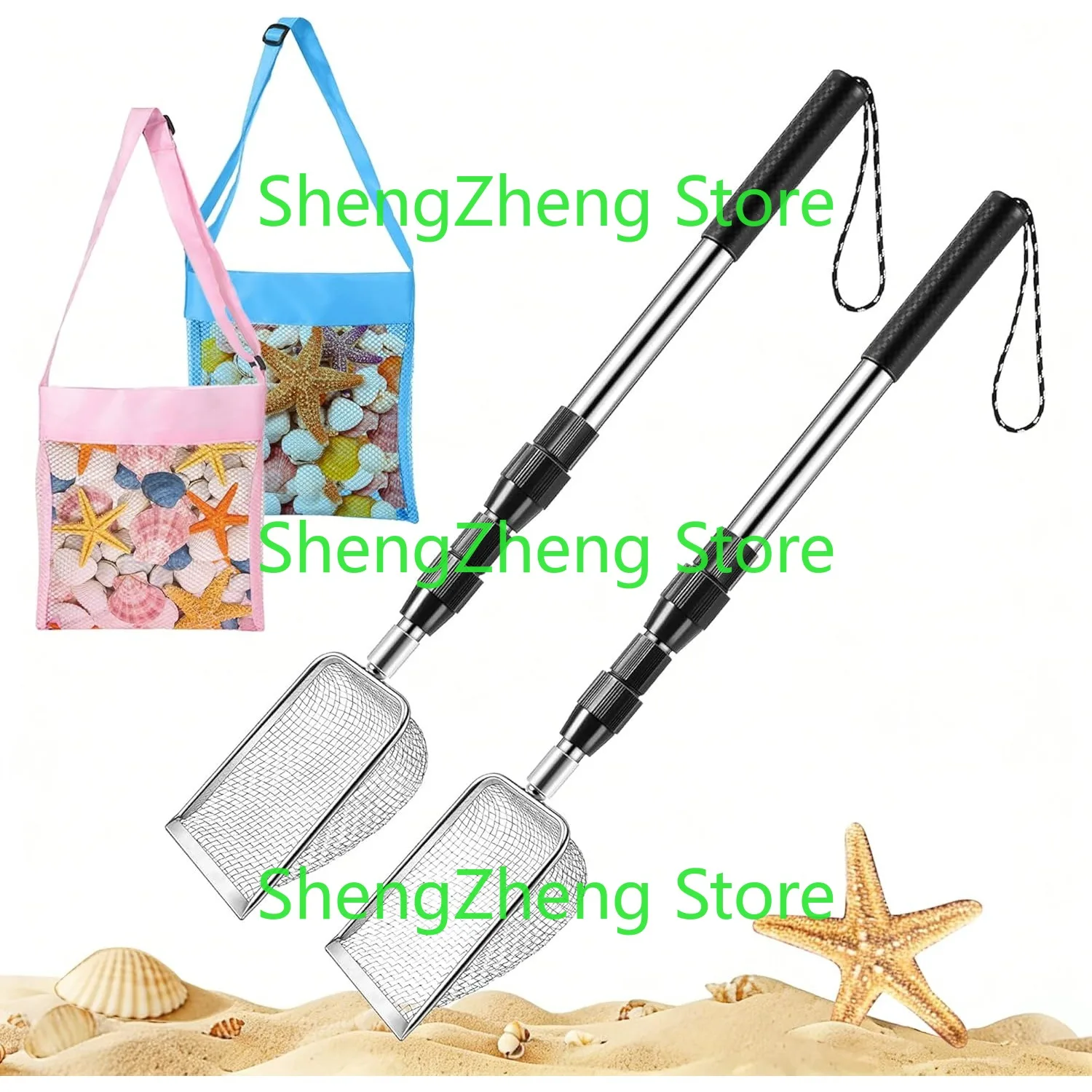 

2 Pack Shark Tooth Sifter 3.8mm Mesh Beach Sand Sifter, Long-Handle Shovel with Shell Bag for Beachcombing, Collecting Tool