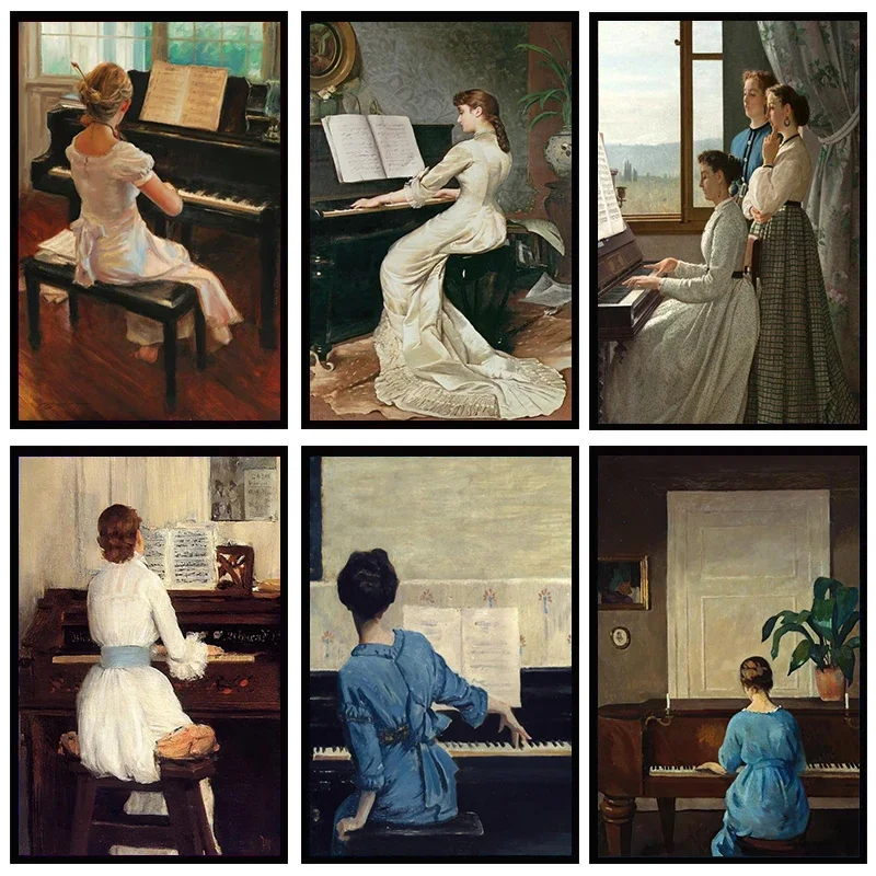 Vintage Play Piano Girls Aesthetic Canvas Painting Posters and Prints Wall Art Picture For Living Room Decoration