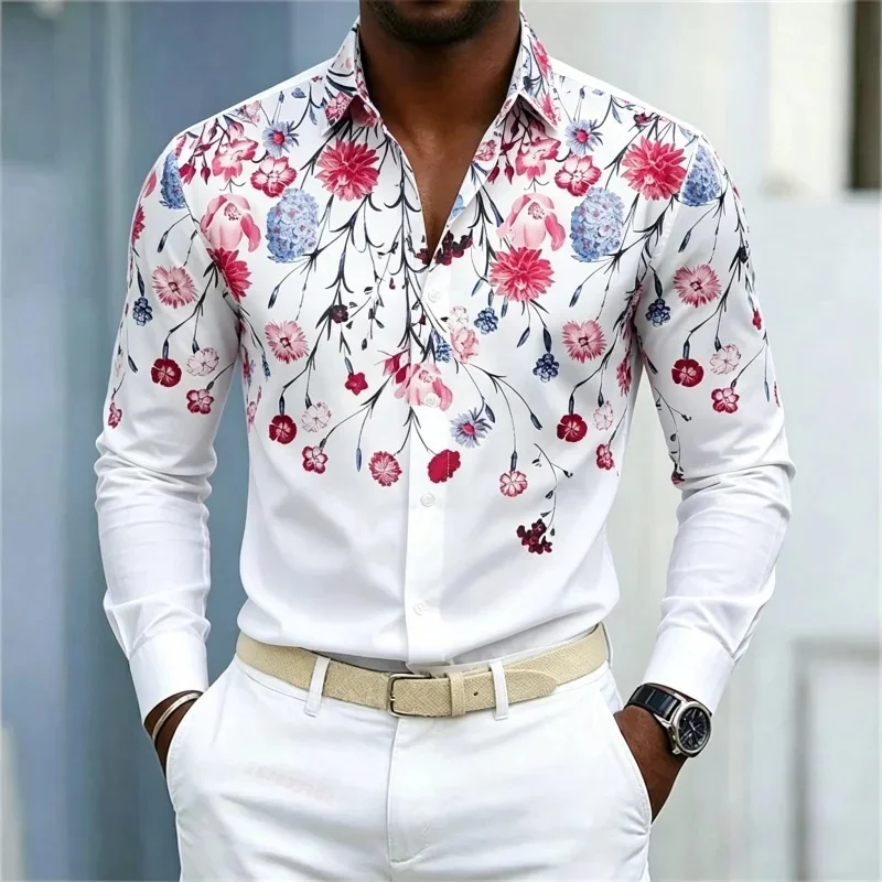Men's shirt Hawaiian vacation style men's floral long sleeved shirt fashionable full print design outdoor travel cardigan top