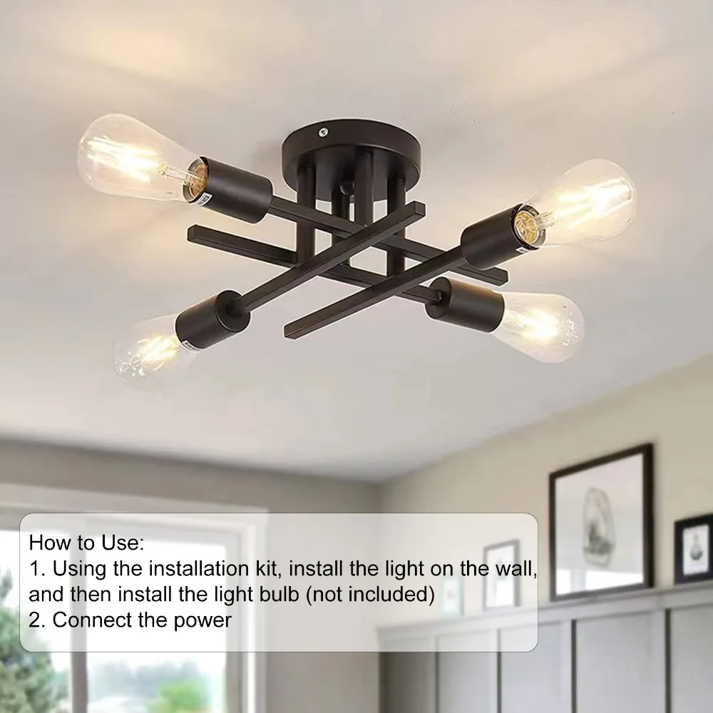 Versatile 4-Light Ceiling Light Matte Black E26 E27 Base Sputnik Chandelier Ceiling Mount 85-265V Ceiling Light Fixture Entryway