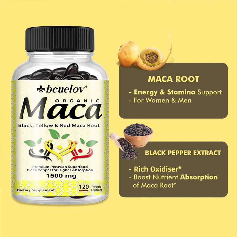 Organic Maca Root 120 Capsules - Black, Yellow and Red Maca Root Gelatinized 100% Natural Non-GMO Helps Endurance, Energy, Mood