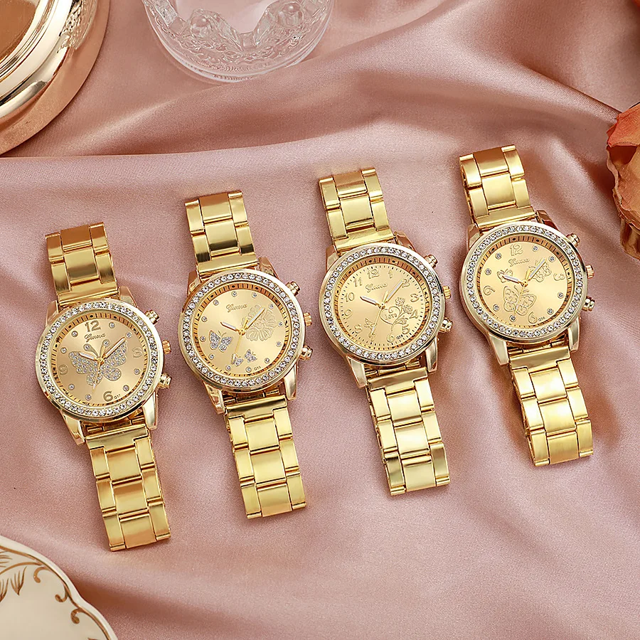 Luxury Casual Round Rhinestone Butterfly Quartz Wristwatch Fashion Ladies Business Steel Belt Diamond Watch Relogio Feminino