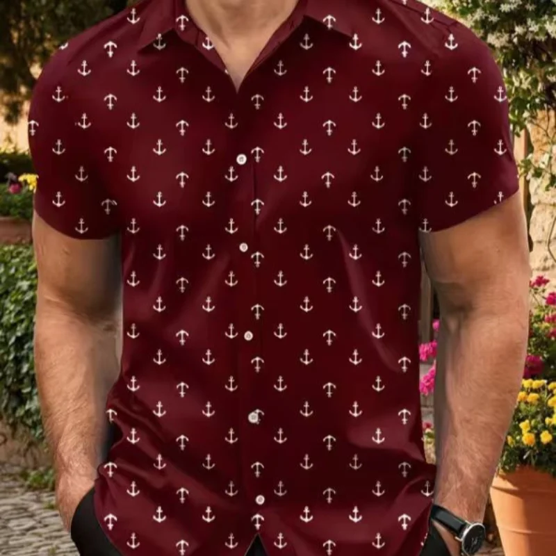 Men Anchor Print Short Sleeve Shirt Summer Button Down Lapel Casual Shirt