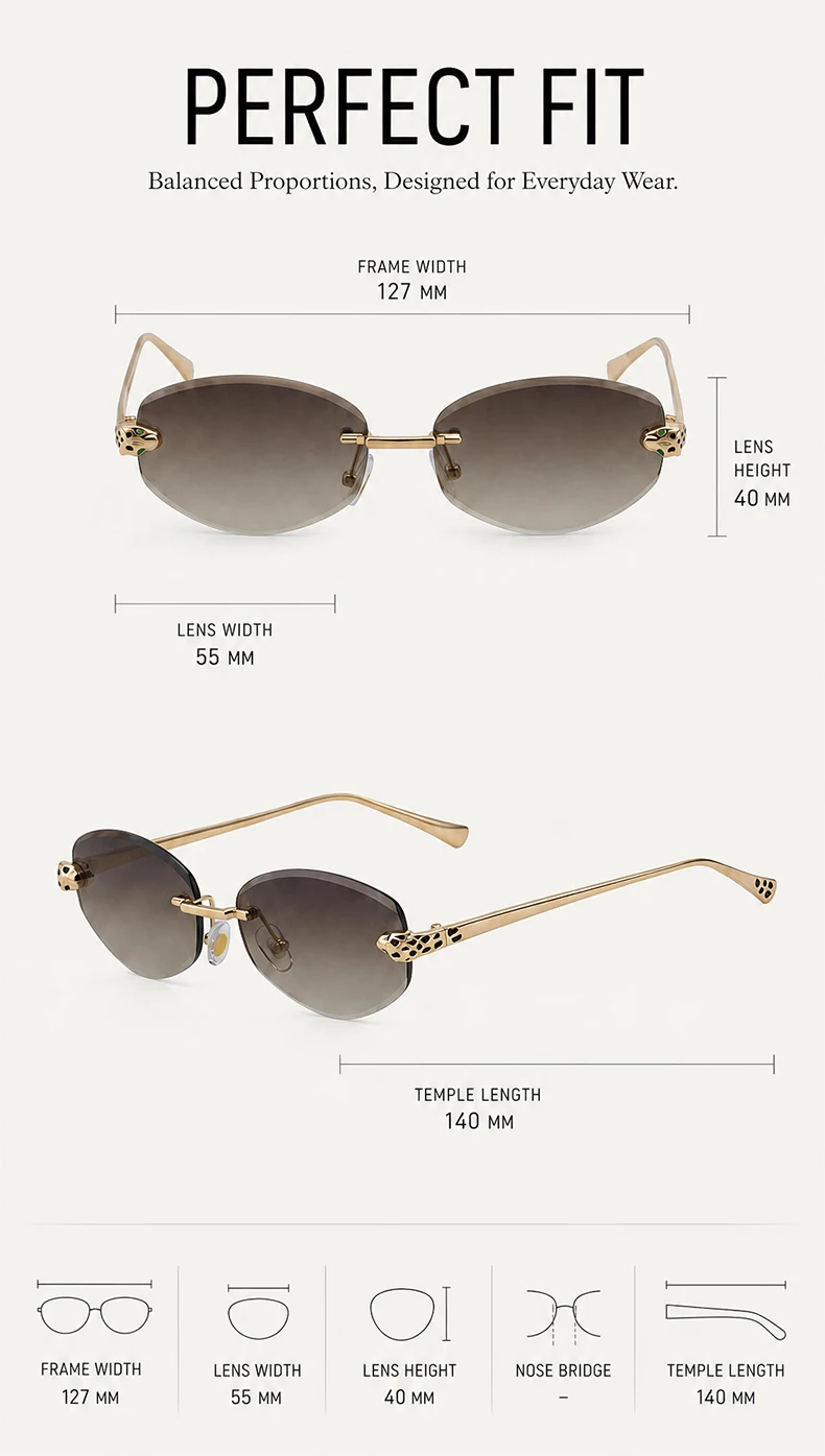 Vintage Sechseckige Randlose Sonnenbrille für Damen 2026 Luxusmarke Trendige Goldene Leopardenkopf Y2K Punk Sonnenbrillen Reise-Eyewear – Detail 4