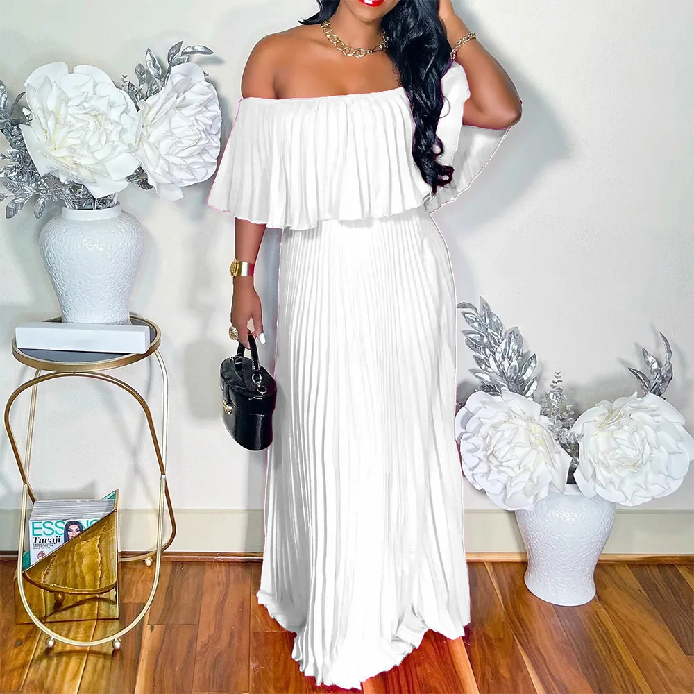 Summer Chic Sexy Holiday Long Dress Elegant Solid Off Shoulder pleated long gowns Women Floor Length Beach Evening Party Dress