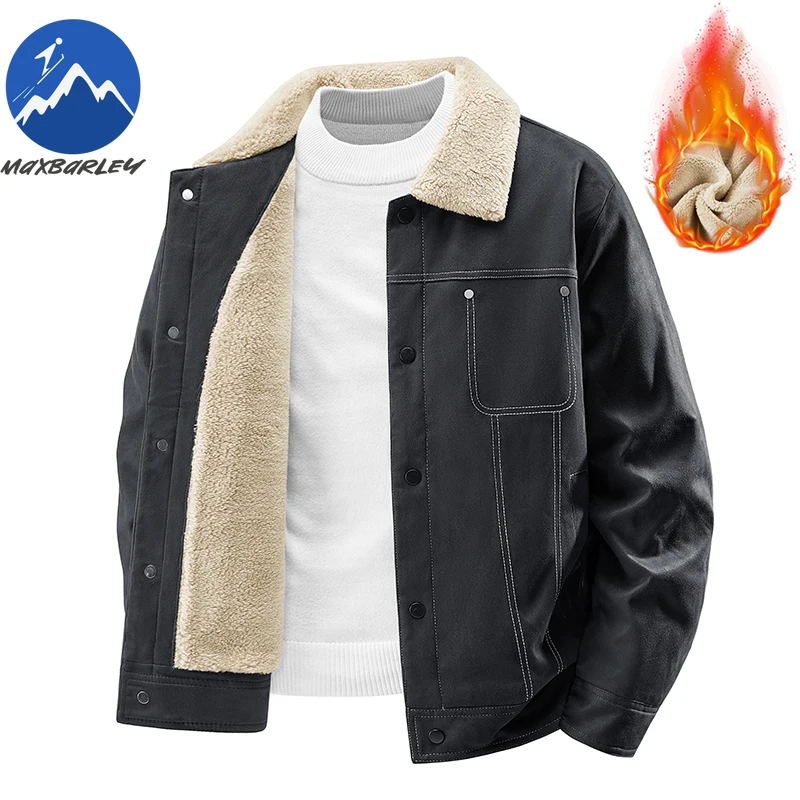 Winter Fleece Jacket Men Comfort Camping Cold Proof Padded Coats Fur Collar Single Row Button Wrinkle Resistant Lightweight Coat