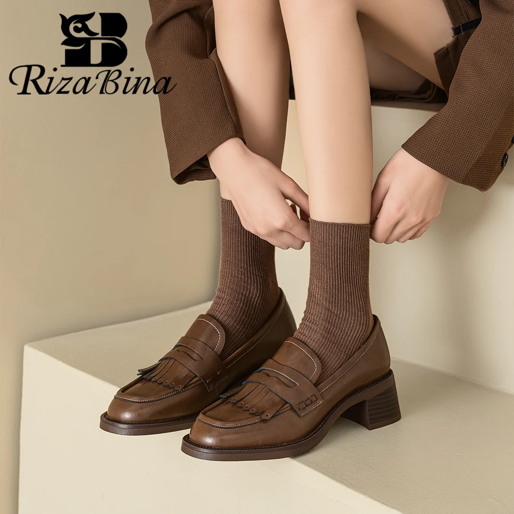 RIZABINA Loafers Women Real Leather Fashion Fringe Brogue Heel Round Toe Slip-On Flat Spring Ladies Flat Shoes Handmade 2024 New