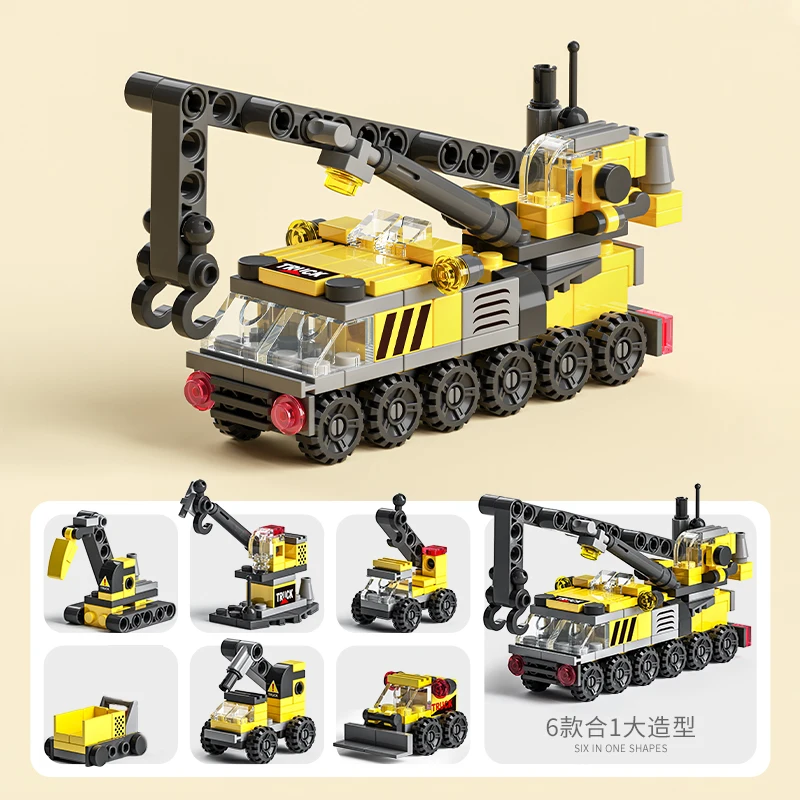 Police Truck City Fire Car Engineering Crane Tank Helicopter Bricks Set Toys for Children Kids 6IN1 Building Blocks