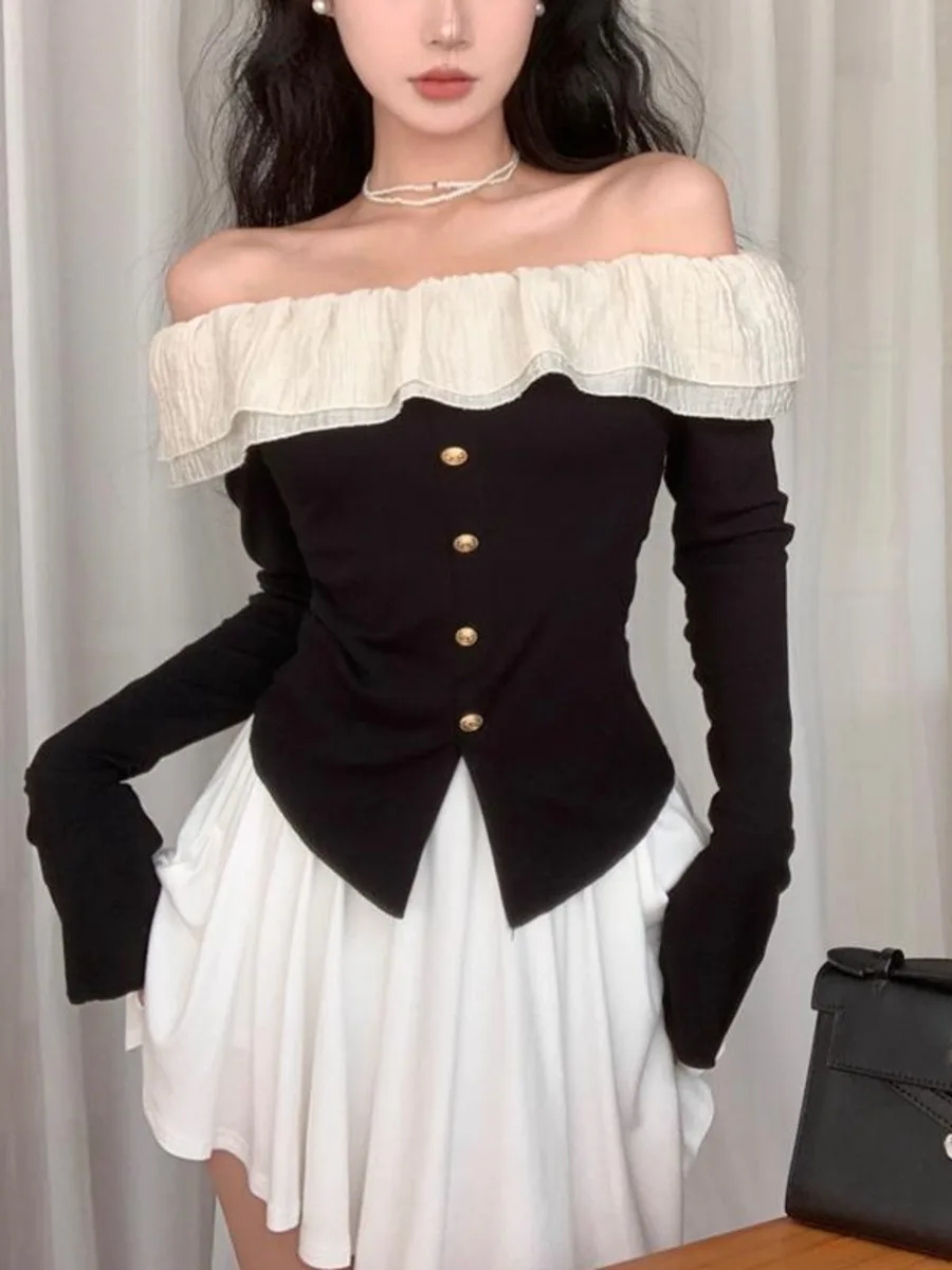 Ruffles Off-shoulder Long Sleeve Tees Slash Neck T-shirts for Women Elegant French Style Feminine Sweet Tops Chic Street Wear