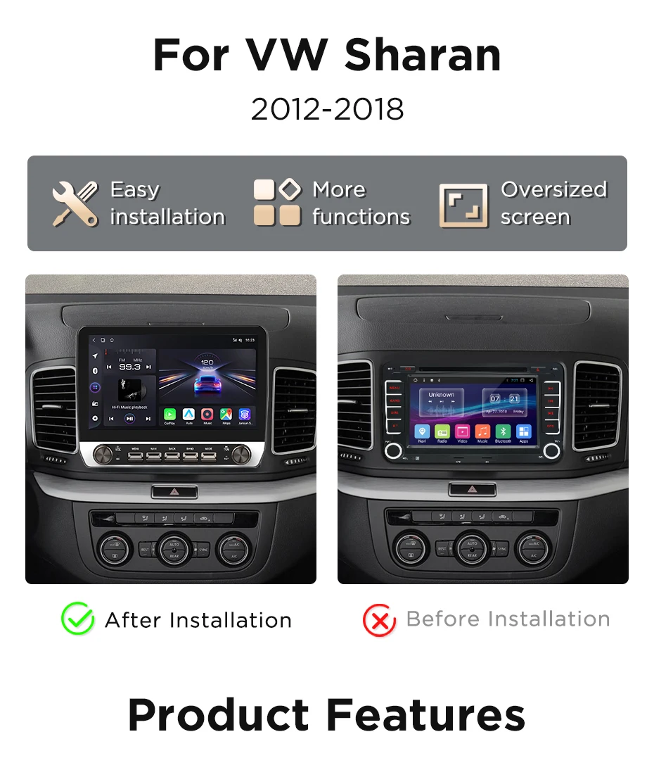 Junsun 10,1 Zoll Tasten Drahtloses Carplay Android Auto Autoradio für Volkswagen Sharan 2012 2013 2014–2018 Bluetooth GPS Navi 4G DSP – Detail 4