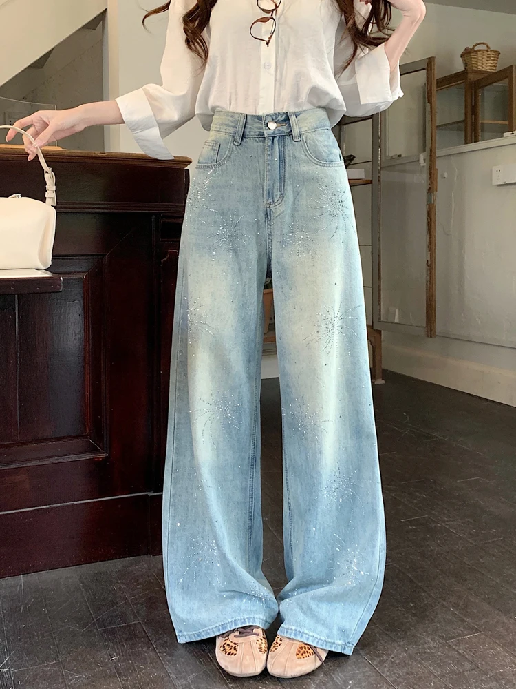 

High Waist Washed Blue Jeans Women's Spring 2026 New Style Slimming Wide Leg Straight Cut Trousers Sparkling Rhinestone Design