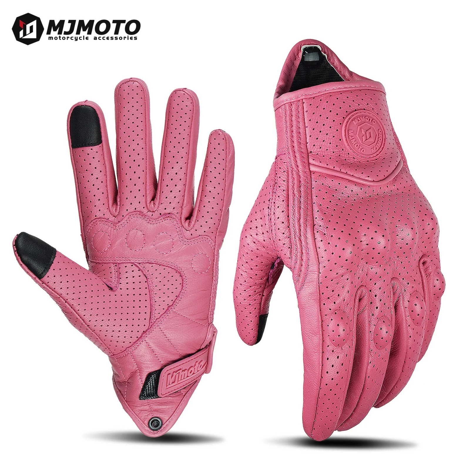 

Women's Pink Goat Leather Motorcycle Gloves Retro Full Finger Touch Screen Electric Bike Cycling Bicycle Motocross Racing Gloves