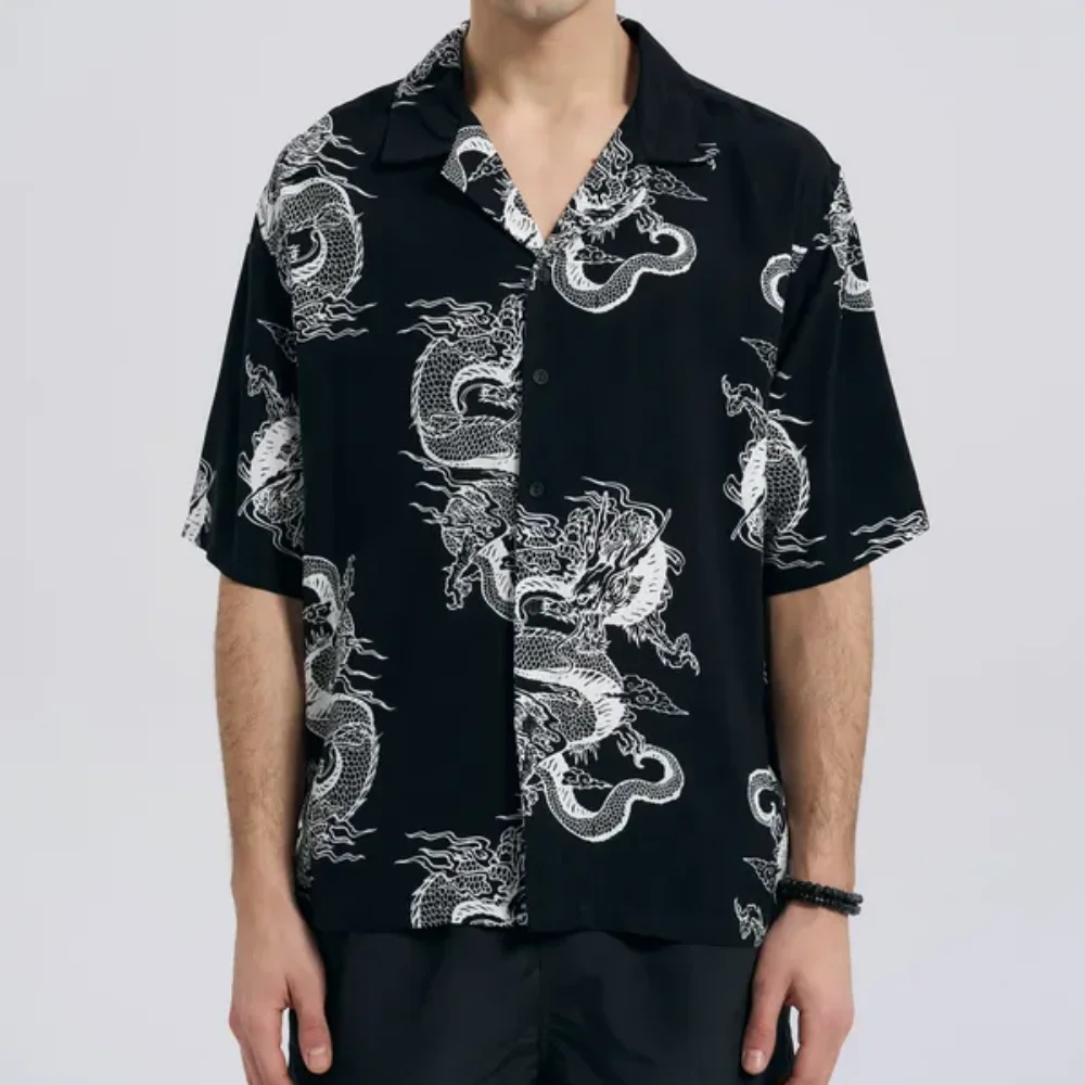 3D-Drachen-Druck, lässiges Sommer-Kurzarmhemd für Herren, lockeres Hawaii-Hemd im Vintage-Stil
