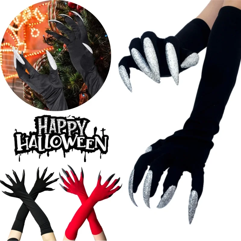 

Костюм на Хэллоуин, перчатки в виде лапы, длинные ногти, черные вечерние перчатки, когти призраков, реквизит на Хэллоуин, перчатки с волчьими когтями, костюм для косплея