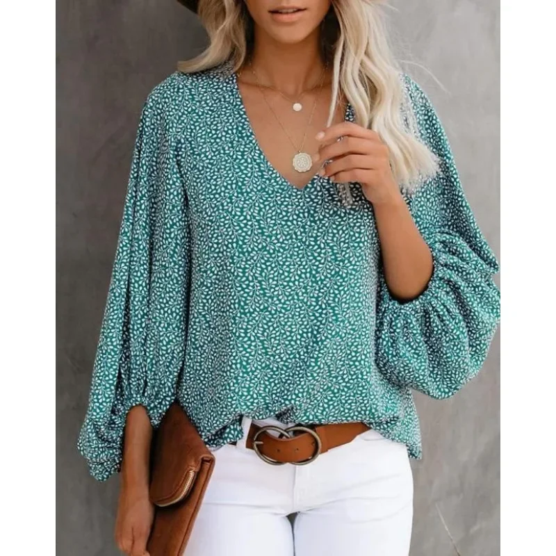 Women Fashion Printed Lantern Long Sleeve Tops Casual Beach Floral Blouse Elegant Leopard Clothes V-neck Pleasure Shirt Blusas