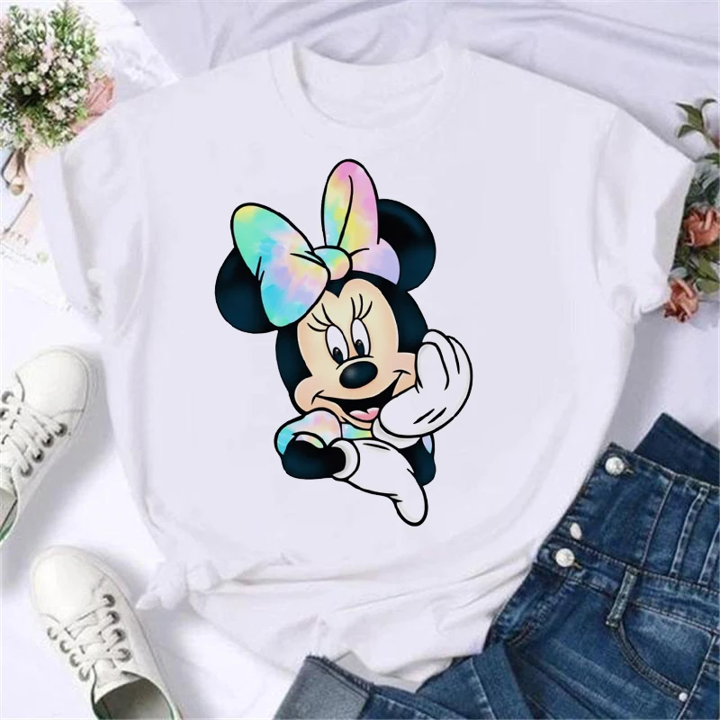 Disney Cartoon Women Minnie Mickey Mouse Print T Shirt Leopard Bow 2024 Summer Kawaii Clothing Tops Hippie Ladies T-Shirt Gift