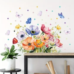 Watercolor Colorful Flower Butterfly Dot Plant Wall Stickers Removable for Bedroom Living Room Nursery Decoration Wall Decals