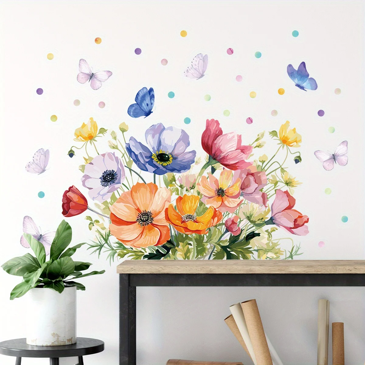 Watercolor Colorful Flower Butterfly Dot Plant Wall Stickers Removable for Bedroom Living Room Nursery Decoration Wall Decals