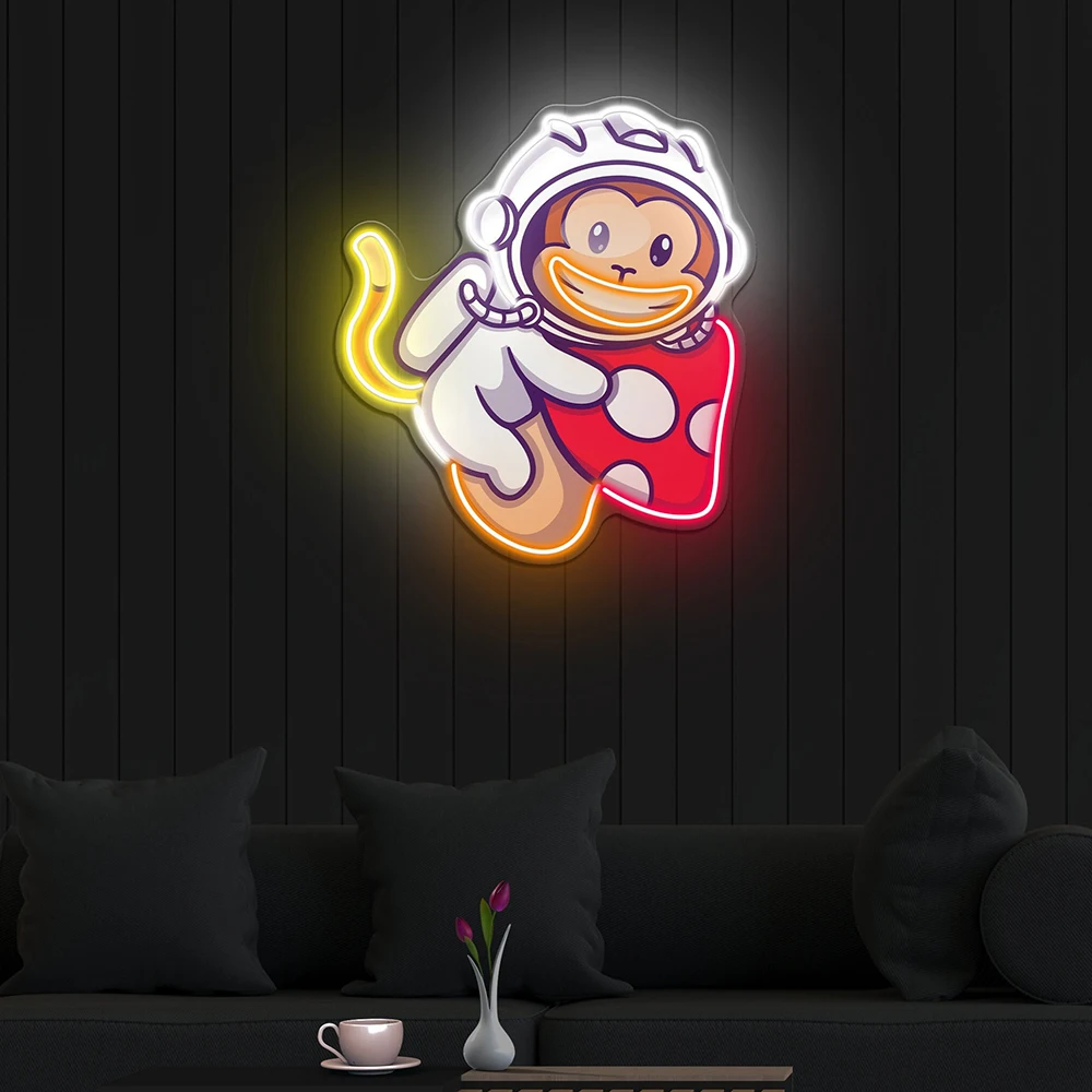 

Astro Monkey Neon Sign Monkey on Mushroom Floating Neon Artwork Light for Game Room Nursery Wall Decor Handmade LED Light Lamp