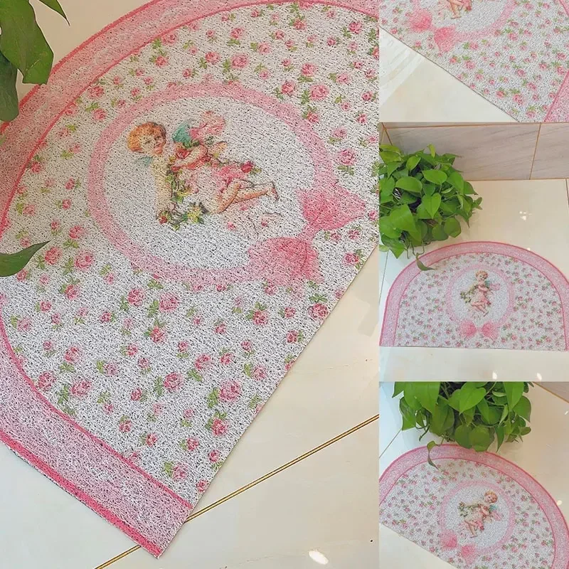 Home Doormat European Retro Pink Dust Removal Foot Mat Non-slip Semicircle Small Rug Angel Rose Print French Home Doormats