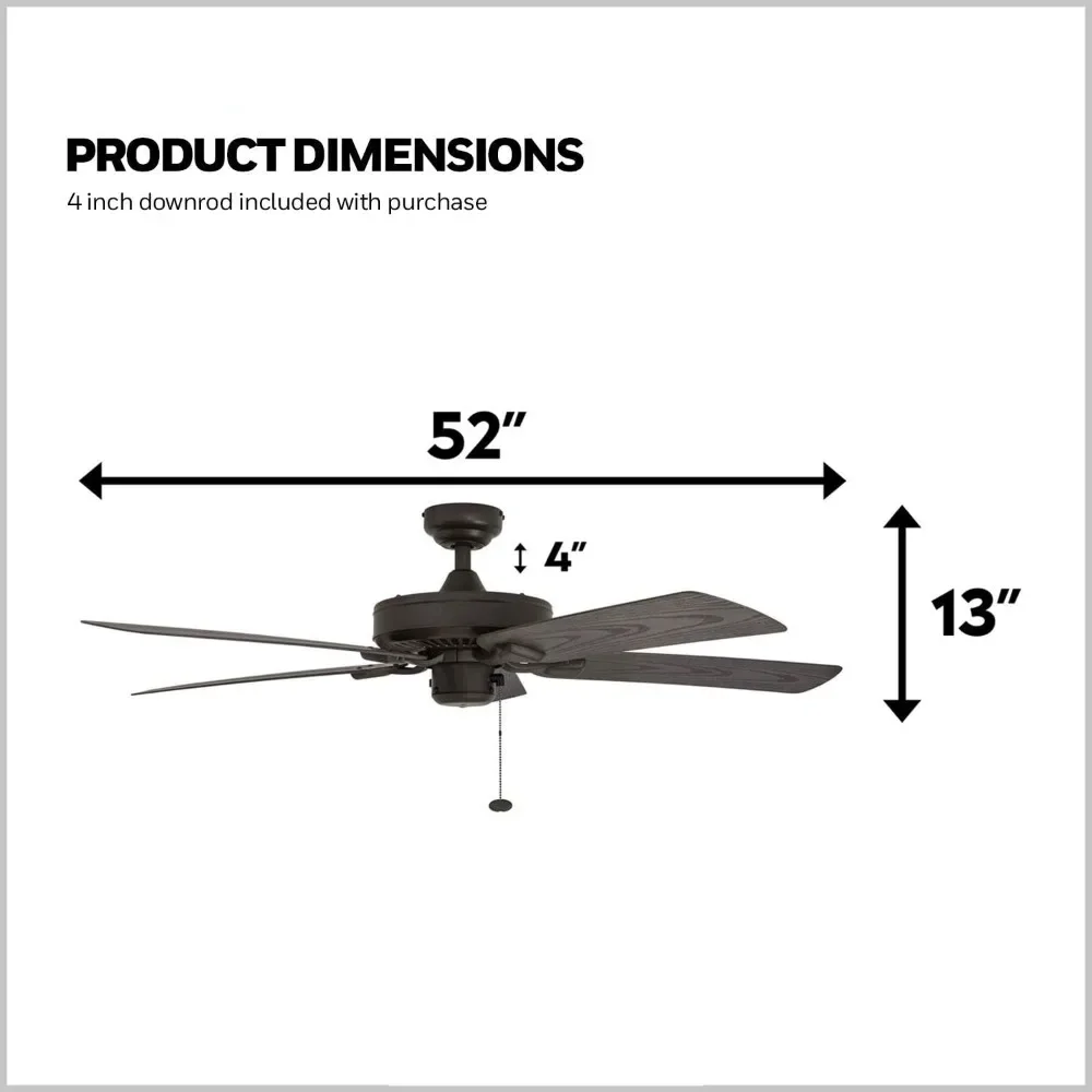 Ceiling Fans with No Lights, Pull Chain, Three Mounting Options and ETL Damp Rated, 52 Inch Ceiling Fans