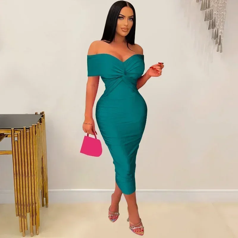 

GUWU Sexy Off Shoulder Bodycon Dress for Women Party Night Club Long Vestidos Elegant Slash Neck Slim Draped Formal Maxi Dresses