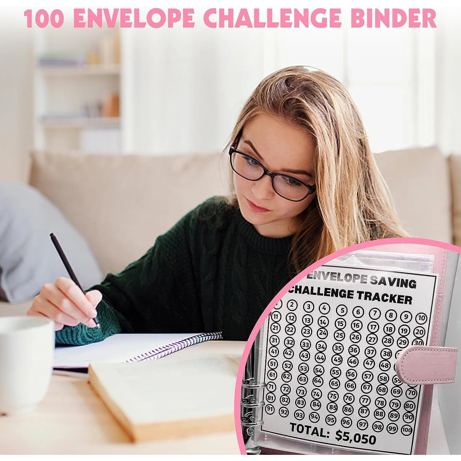 100 Envelope Challenge Binder Savings Challenges A5 Binder Budget Cash Envelopes,Easy and Fun Way to Save $5,050