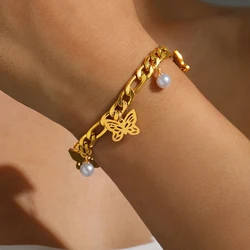 Stainless Steel Bracelet Engraved Butterfly Charm White Imitation Pearl Design Fashion Bracelet For Women Jewelry Elegant Gifts