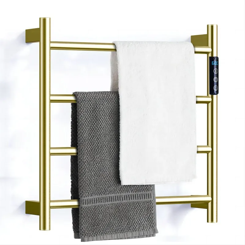 Brushed Gold Stainless Steel Electric Heated Towel Rack Smart Thermostat Timer Wall Mounted Waterproof Bathroom Towel Warmer