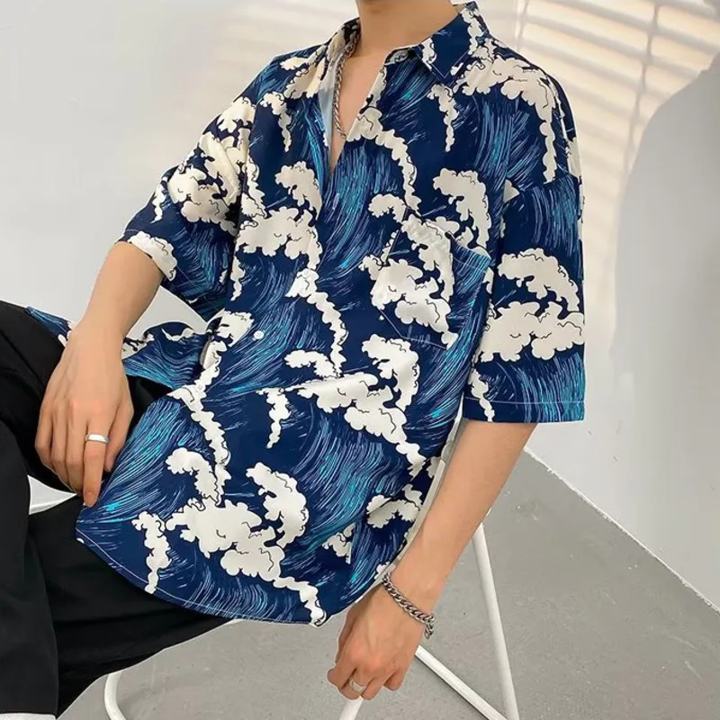 Summer Sea Wave Print Shirt Men's Hawaiian Turn Down Collar Short Sleeve Shirts Casual Loose Beach Hawaii Tops Daily Clothes