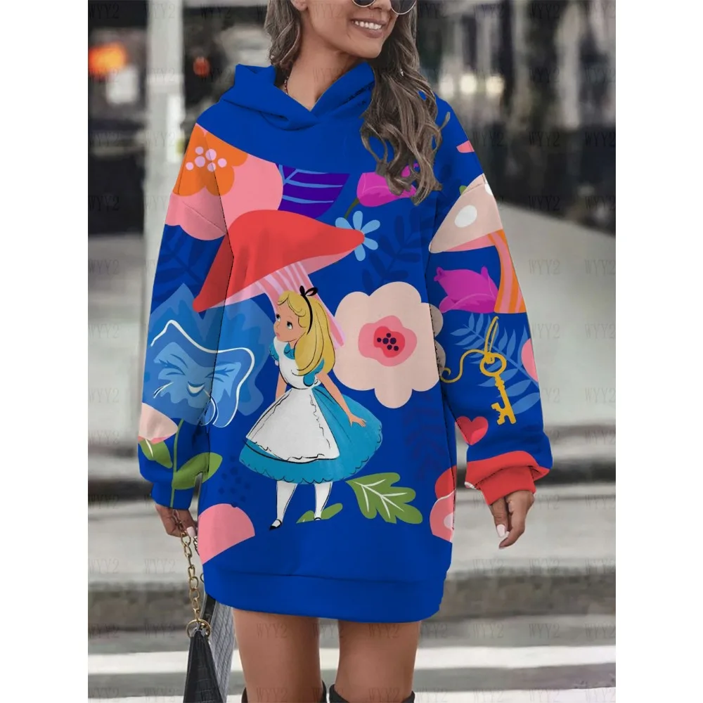 Damen-Pullover mit Kapuze, modischer Disney-Prinzessin Alice-Aufdruck, langärmelig, lockerer Herbst- und Winter-Hoodie
