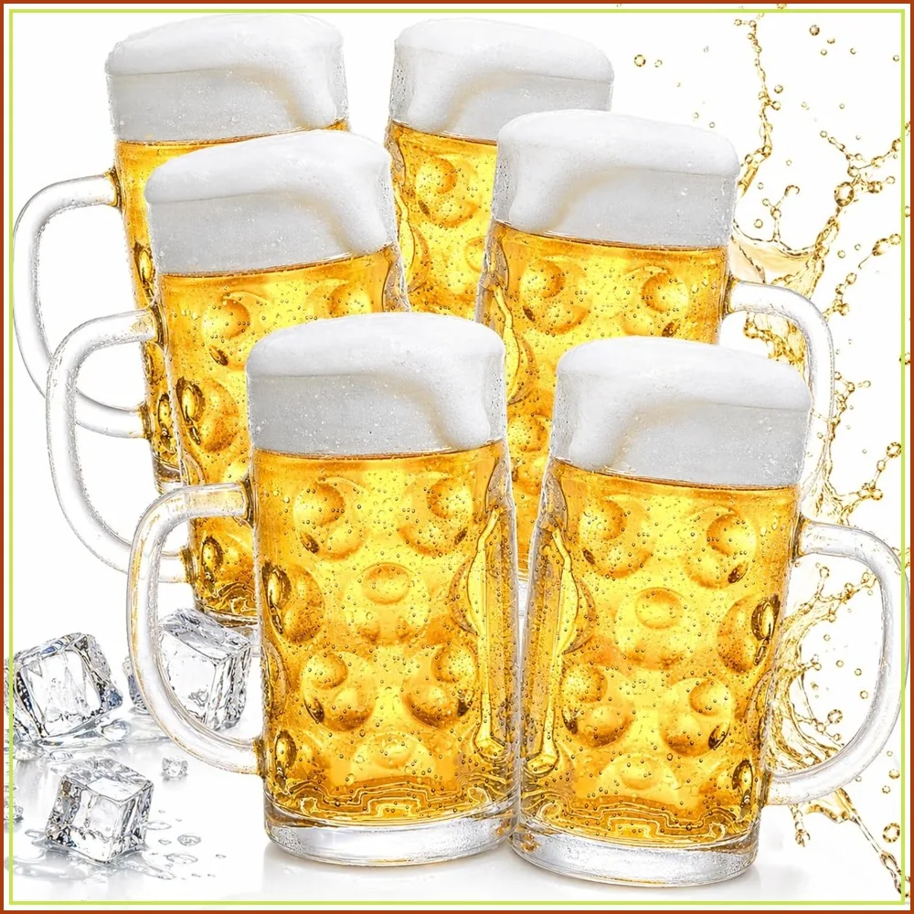

6 Pack Beer Mugs with Handle, 20 oz Freezer Safe Glass Steins, Heavy Duty Large Beer Glasses for Bar, Party, Home Use, Clear