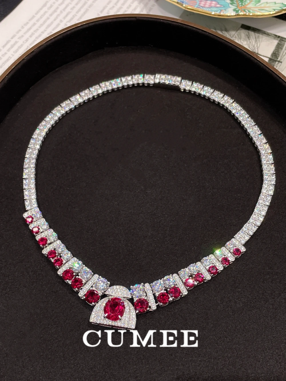 Cumee Classical Sophisticated Fashion Cubic Zirconia Ruby Necklace. 925 Silver Gold-plated for Party Engagement Holidays