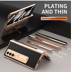 Coque With S Pen Plating Leather Case For Samsung Galaxy Z Fold 4 3 2 5 360 Full Protection Tempered Glass Kickstand Phone Cover