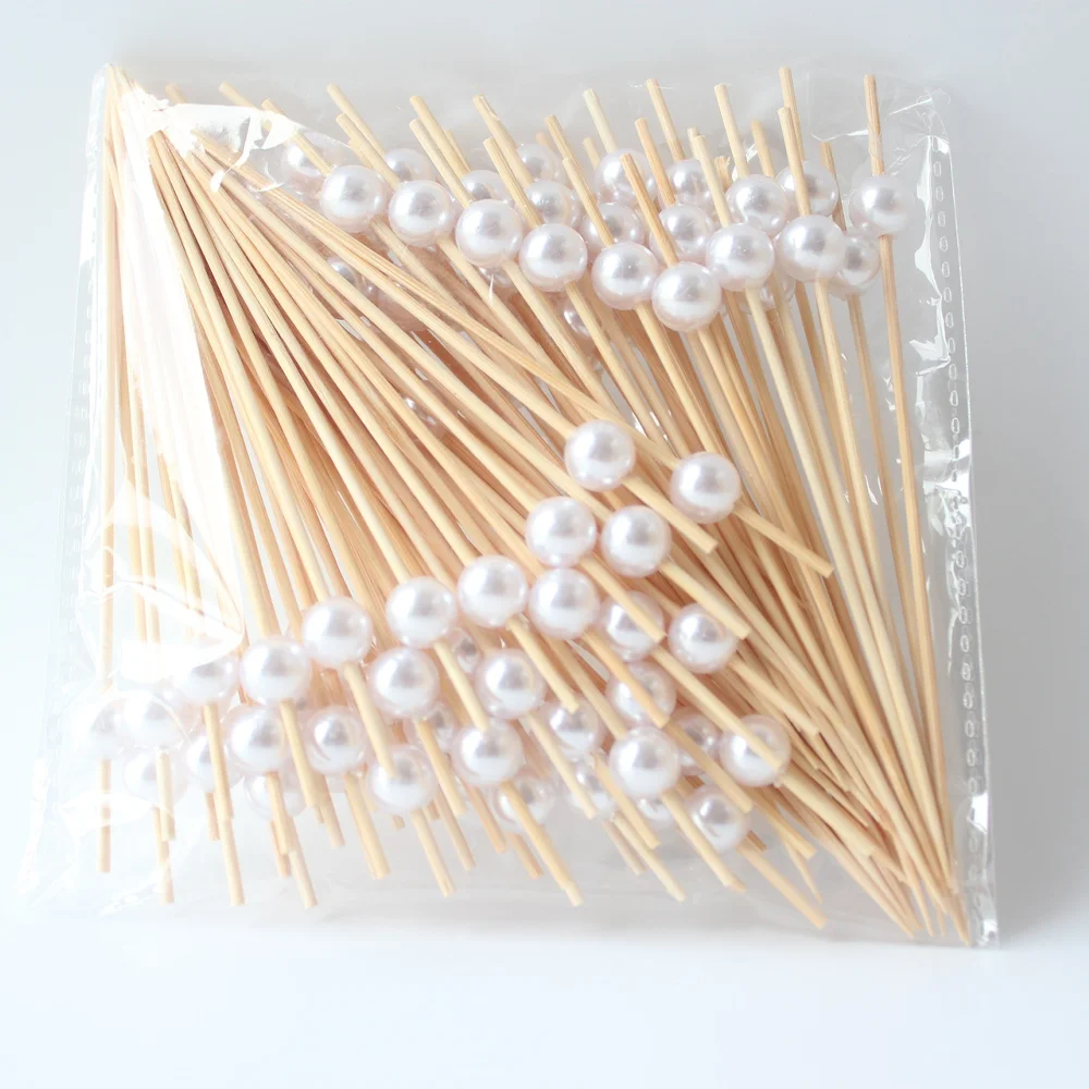 100Pcs 12cm wedding pearls disposable bamboo skewer wooden cocktail fruit snack fork Wedding party supplies