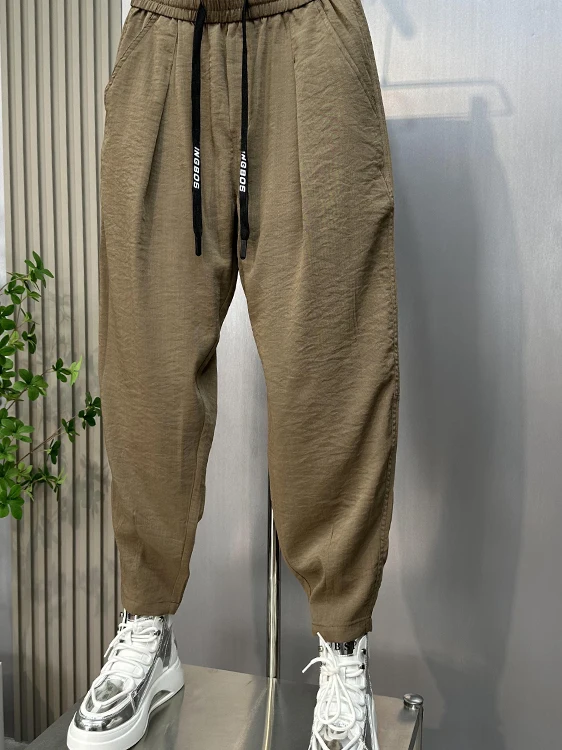 سراويل رجالية صيفية رفيعة غير رسمية من الحرير الجليدي مستقيمة الساق هارلان قابلة للتنفس فضفاضة تناسب نمط هاراجوكو سراويل ضيقة...