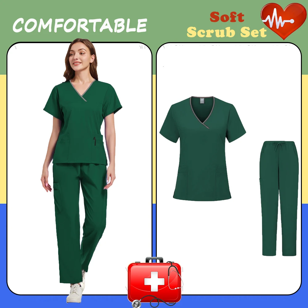 Anti-Wrinkle Premium Fabric Clinical Uniforms Washable Nurse Uniforms Medical Scrubs Sets Surgical Blouse Pockets Straight Pants