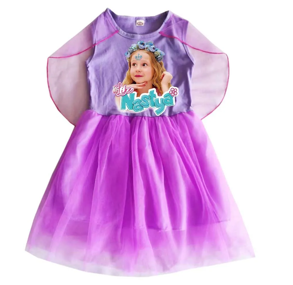 Like Nastya show Clothes Baby Girls short sleeve casual Dresses with Wreath and Bag Kids Cartoon Wedding Party Princess Vestido