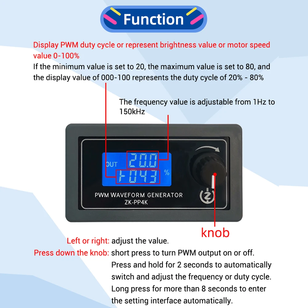 ZK-PP4K ZK-PP3K Signal Generator Dual Mode LCD PWM 1Hz-150KHz PWM Pulse Frequency Duty Cycle Adjustable Wave Generator