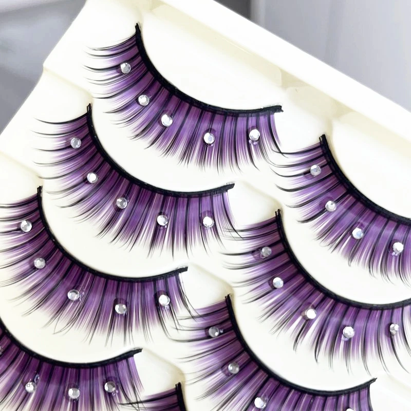 5 pairs of purple false eyelashes with rhinestones stage performance exaggerated thick eyelashes makeup artist recommended