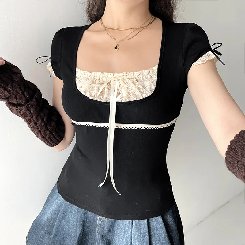 

Women's INS Style Color Block Lace Patchwork Fake Two-Piece Tie Top Sexy Low-Cut Short Sleeve Pullover T-Shirt Daily Party Wear