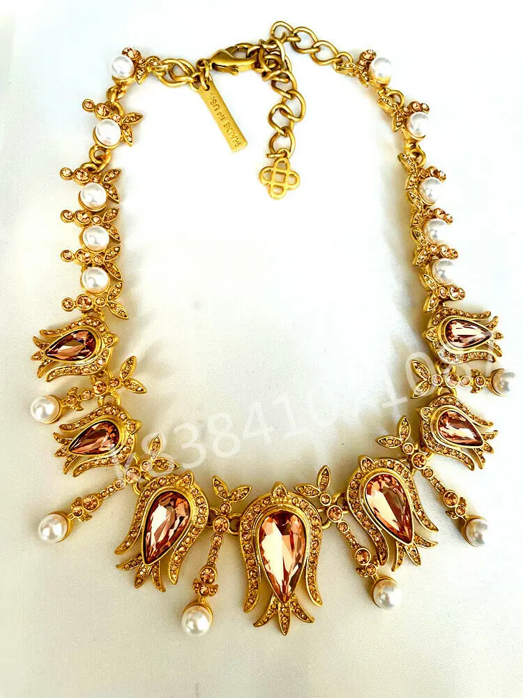 Golden crystal rhinestone pearl Statement necklace earrings Vintage Luxury Sign Jewelry Sets Pearls Rhinestone Accessories Gift