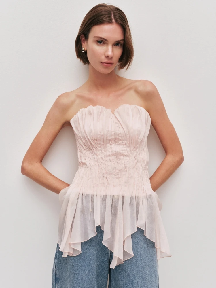 Sexy Strapless Asymmetrical Pleated Ruffle Top Women Pink Sleeveless Irregular Folds Design Tube Tops Evening Holiday Beach