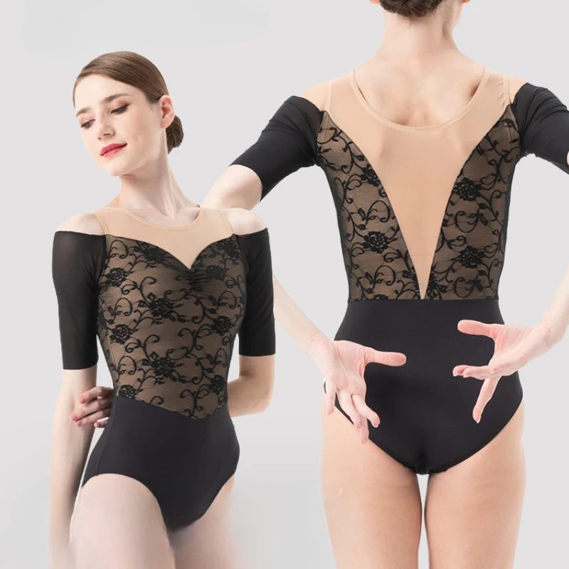 

Балетный купальник с короткими рукавами и открытыми плечами для девочек, черный танцевальный костюм с вышивкой, одежда для йоги для взрослых, женские балетные купальники для доги