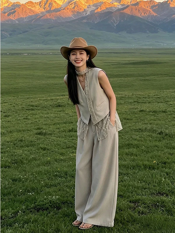 High Waist Wide Leg Pants Lace Patchwork Vest Fashion Commute Women's Summer New Style Complete Set Casual Loose Fit Button up