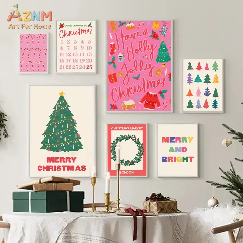 AZNM Pink Christmas Countdown Canvas Wall Art Holly Poinsettia Xmas Advent Calendar Minimalist Text Print Unframed Canvas Holida
