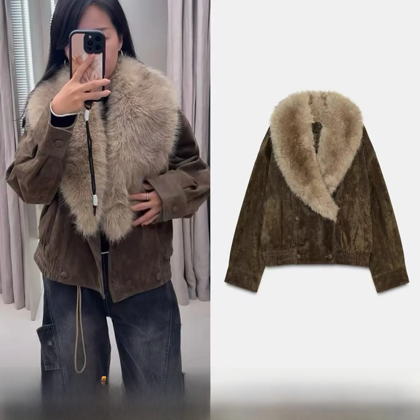 

New Arrival Autumn Winter Women's Jaet Coat Detachable Fur Collar Long Sve Contrast Color Artificial Fur Outerwear