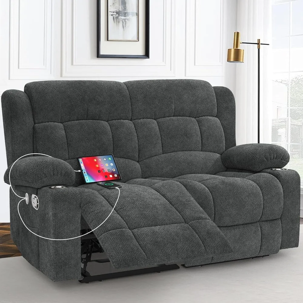 Loveseat Recliner Sofa, 2 Seater Minimalist Style Fabric Manual Pull Tab Reclining Loveseat with USB Charge Ports