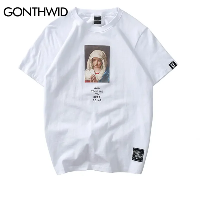 GONTHWID 2024 Men\'s Virgin Mary Printed Short Sleeve T Shirts Summer Casual Cotton Hip Hopo Tops Tees Fashion Streetwear Tshirts