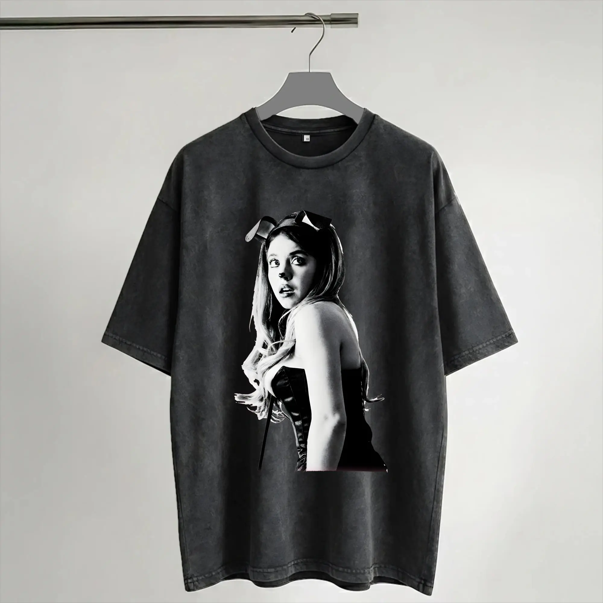 T-shirts lavés Sydney Sweeney Bunny Ears Euphorias 3 cassie, style streetwear hip-hop, pour hommes et femmes